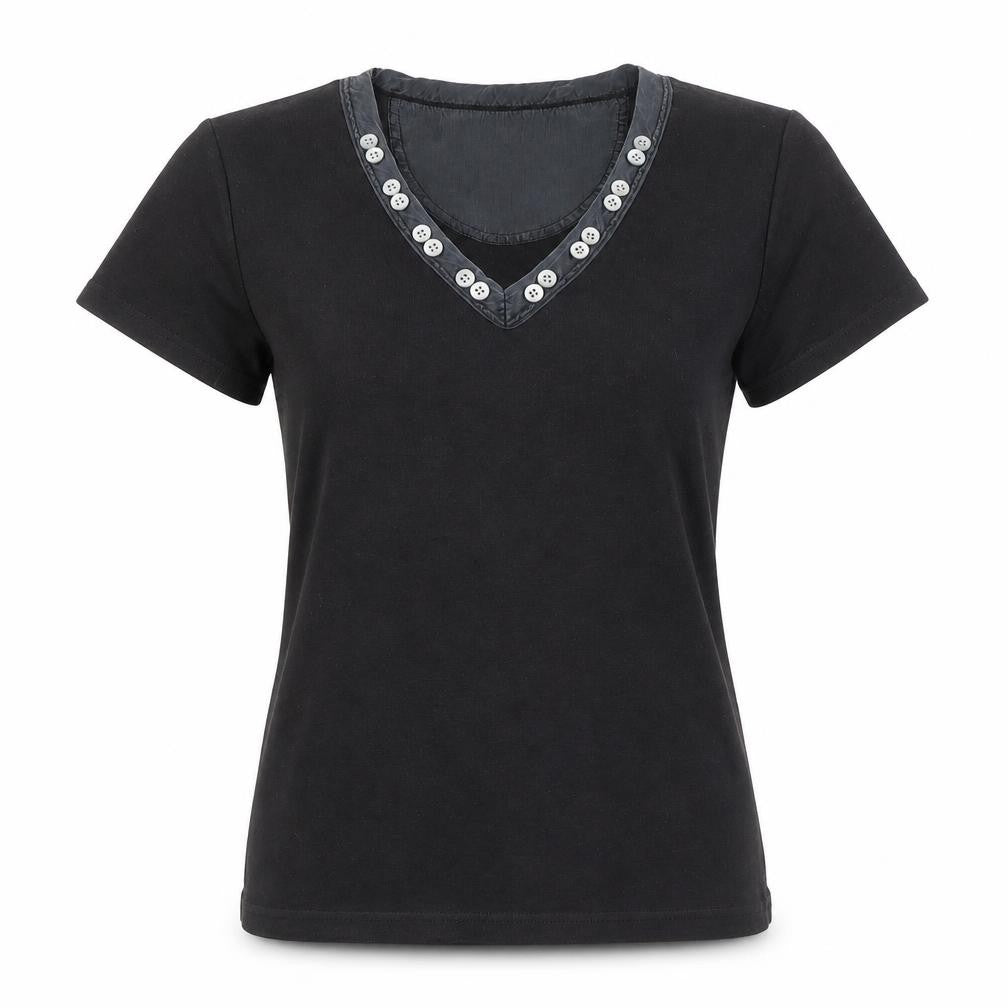 Front view of Ken Women's Black V-Neck T-Shirt, size M, Button Accent