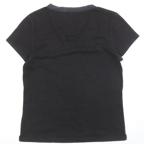 Ken Women's Black V-Neck T-Shirt, Size M, Button Accent
