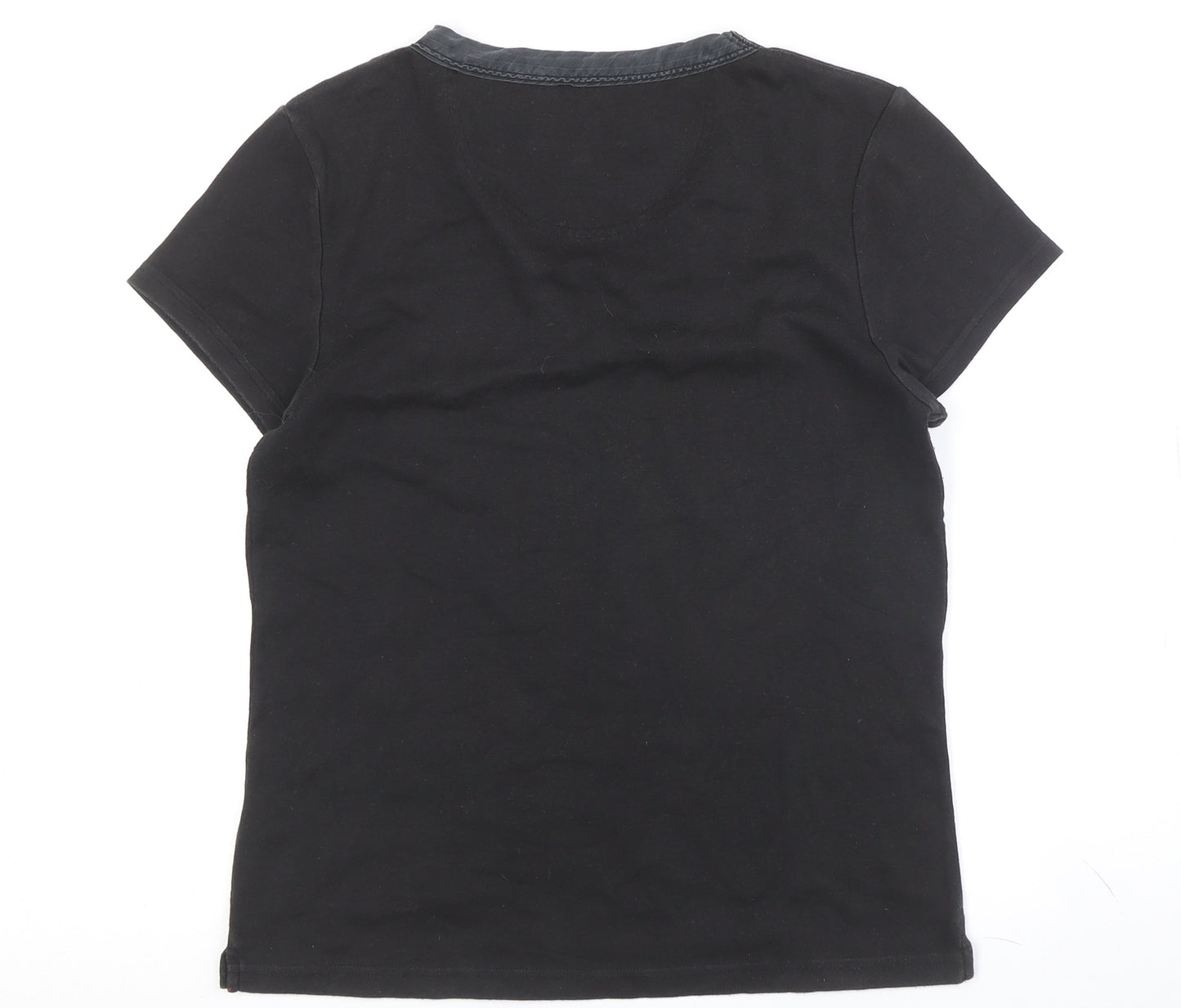 Ken Women's Black V-Neck T-Shirt, Size M, Button Accent