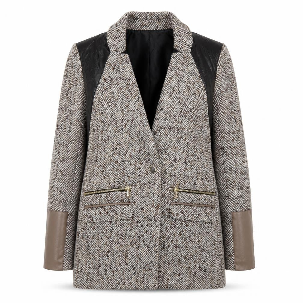 Front view of River Island Women's Grey Herringbone Long Blazer Coat, size 12
