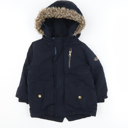 Next Boys Blue Parka Coat with Fur Trim Hood 2 Years