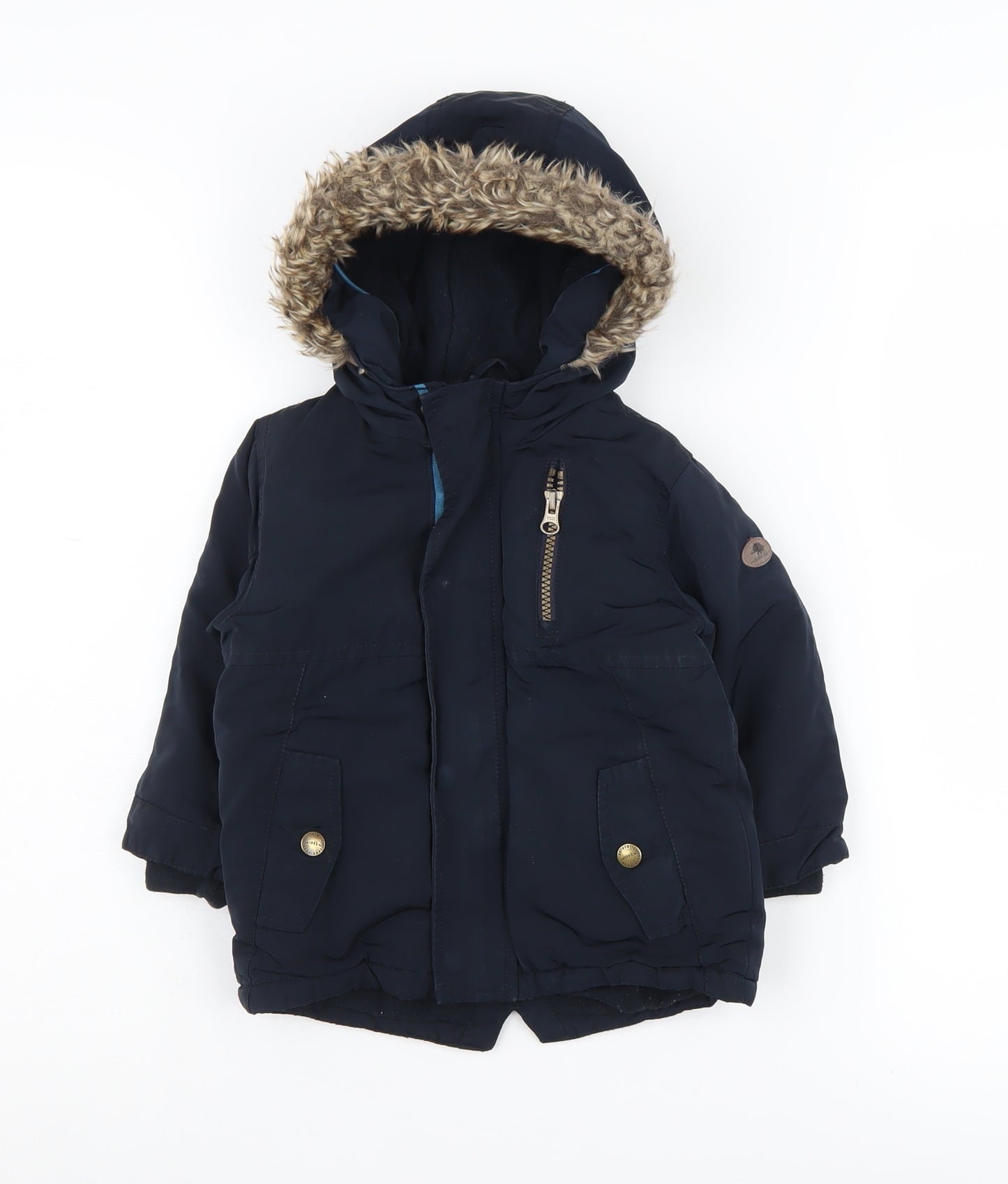 Next Boys Blue Parka Coat with Fur Trim Hood 2 Years