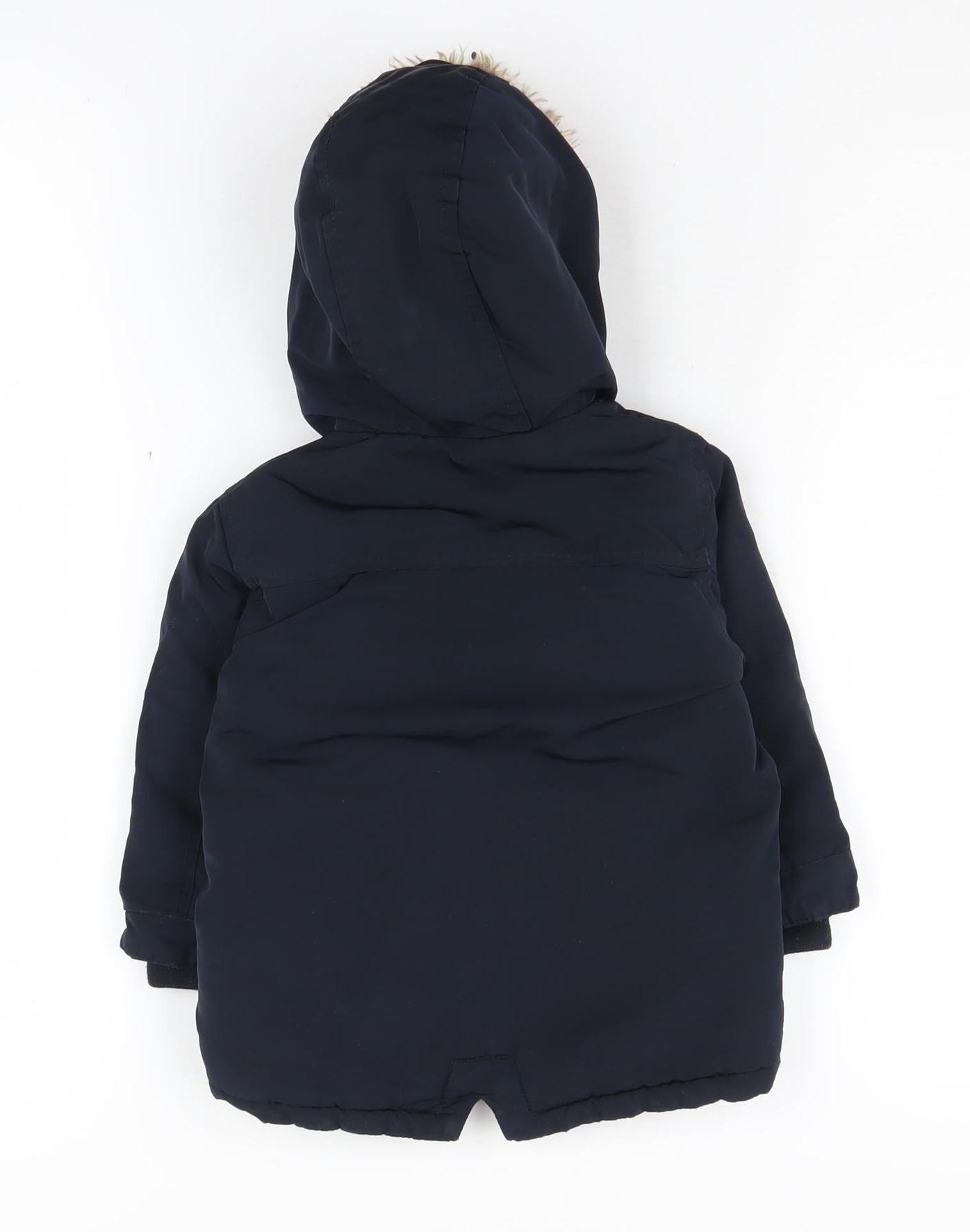Next Boys Blue Parka Coat with Fur Trim Hood 2 Years