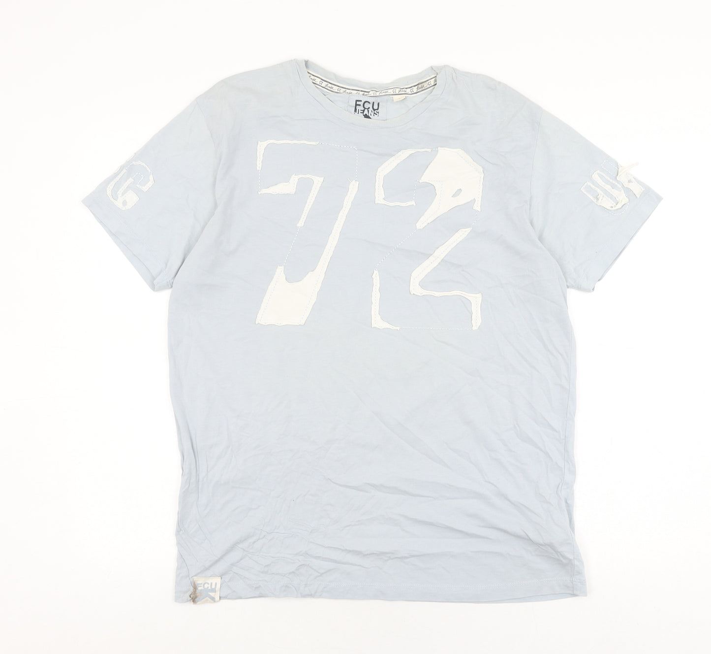 FCUK Men's Blue L T-Shirt, Cotton Crew Neck Short Sleeve