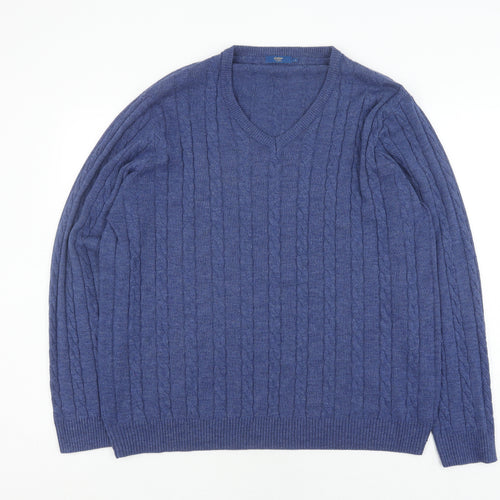 Cotton Traders Men's Blue V-Neck Cable Knit Jumper L