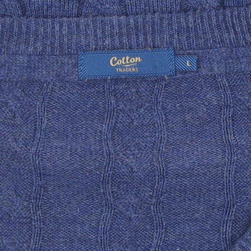 Cotton Traders Men's Blue V-Neck Cable Knit Jumper L