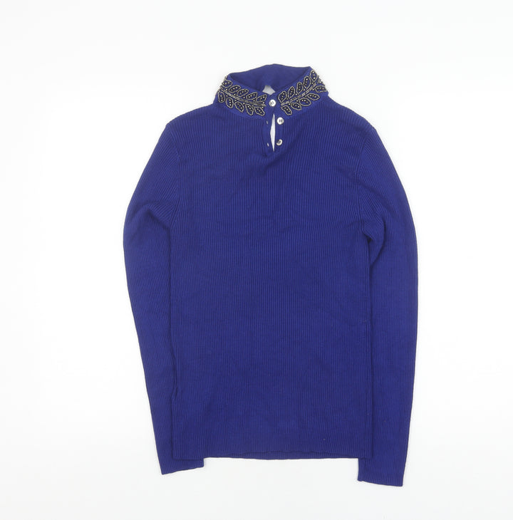 Oasis Women's Blue Beaded V-Neck Pullover Jumper S