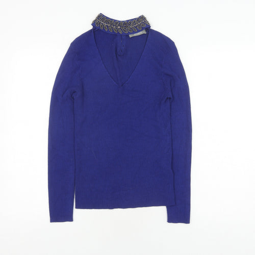 Oasis Women's Blue Beaded V-Neck Pullover Jumper S