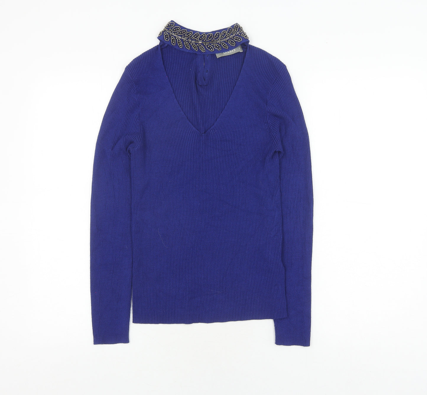 Oasis Women's Blue Beaded V-Neck Pullover Jumper S