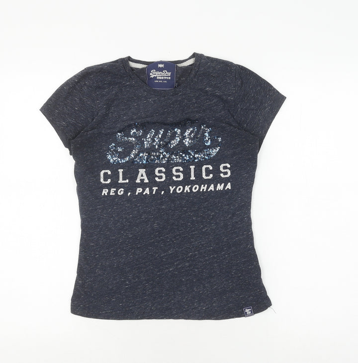 Superdry Women's Blue Sequin Tee, S, Casual, Cotton Blend