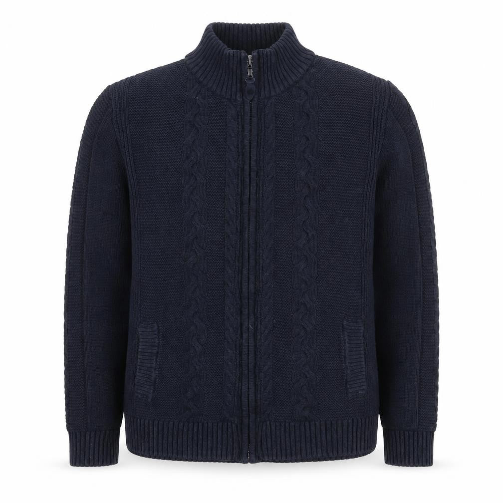 Front view of Isle Essentials boys’ blue m full zip high neck jumper