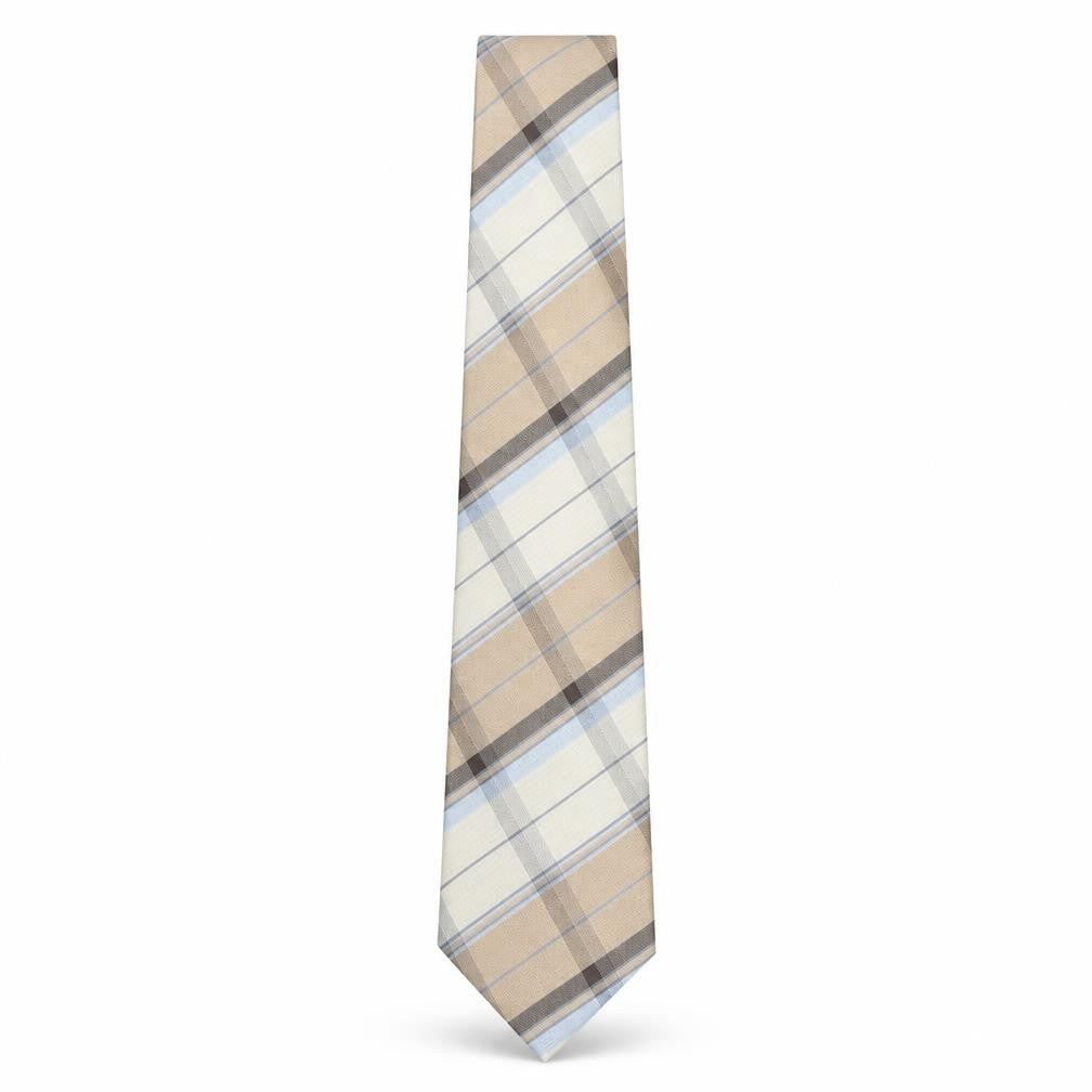 Front view of Van Heusen Men's Beige Plaid Silk Tie One Size