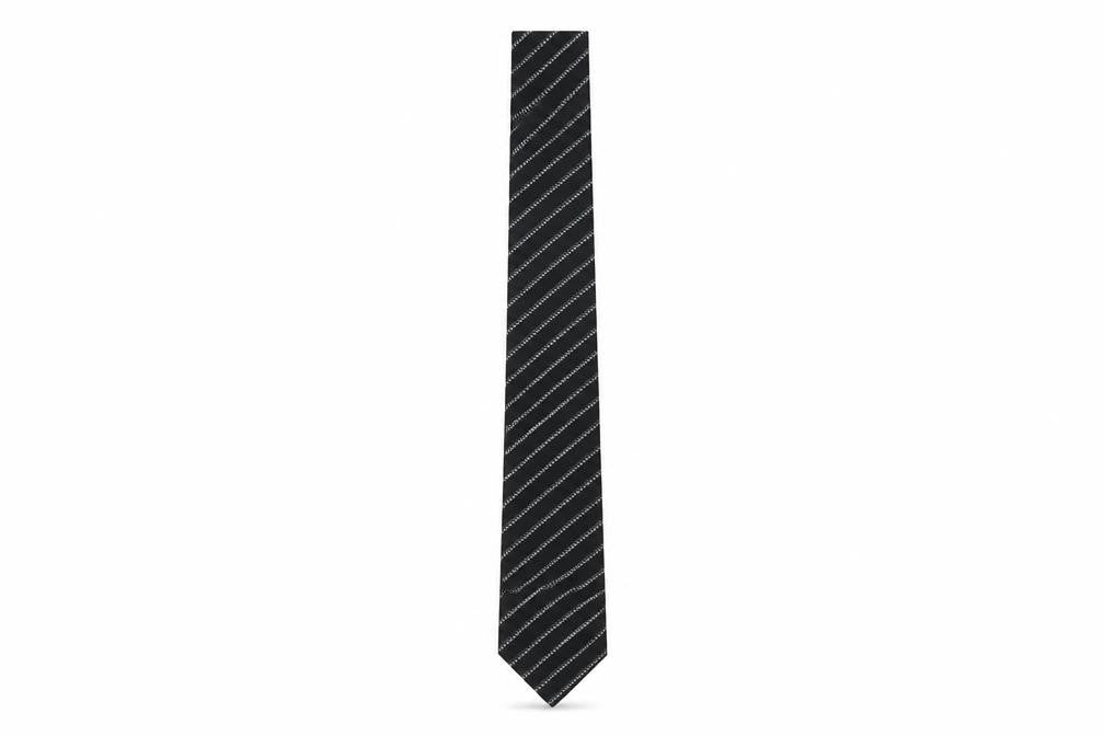 Front view of Thomas Nash Men's Black Striped Silk Tie