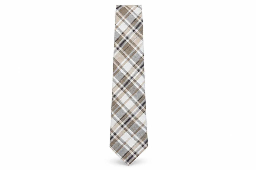 Front view of Marks & Spencer Men’s Beige Plaid Silk-Linen Tie