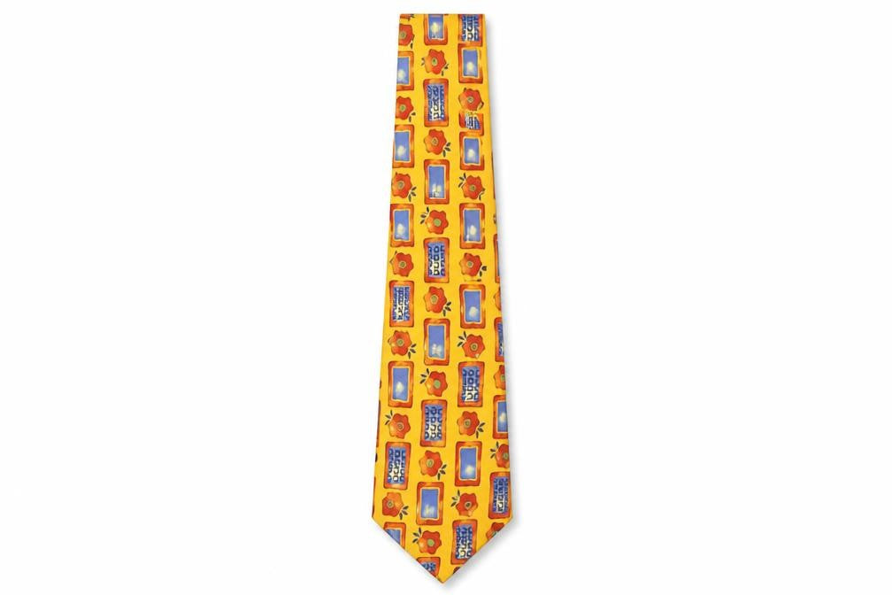 Front view of James Barry Men's Yellow Geometric Silk Slim Tie