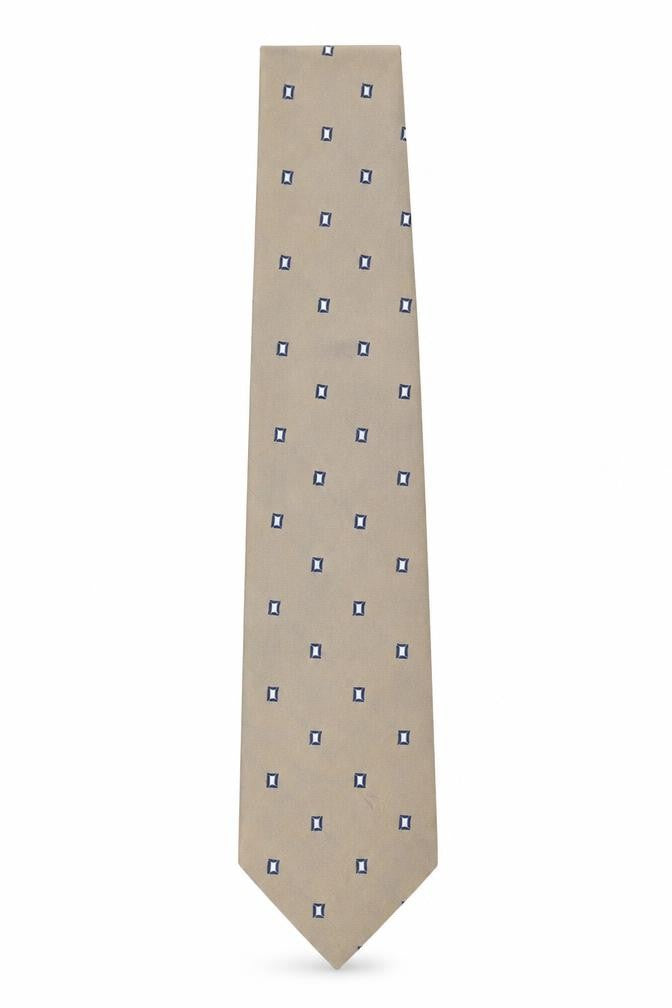 Front view of Woodstock Men's Beige Silk Geometric Designer Tie