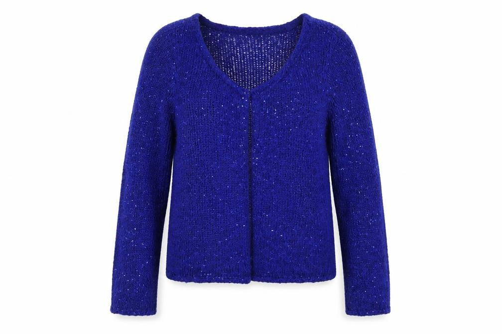 Front view of H&M Women's Blue Cardigan, size 14, Sequin V-Neck Knit