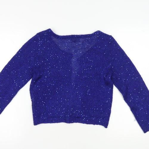H&M Women's Blue Cardigan Size 14 Sequin V-Neck Knit