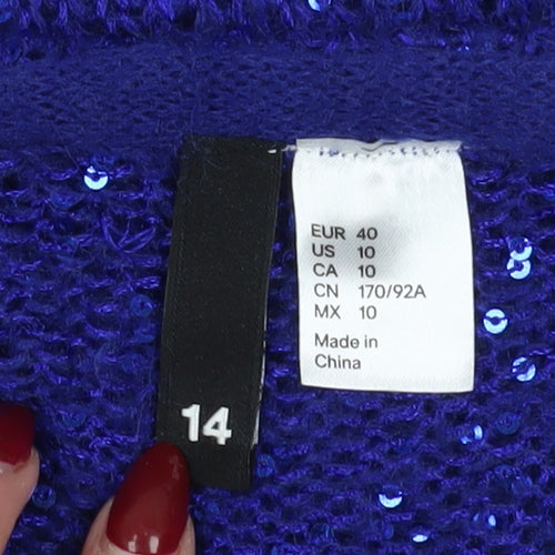 H&M Women's Blue Cardigan Size 14 Sequin V-Neck Knit