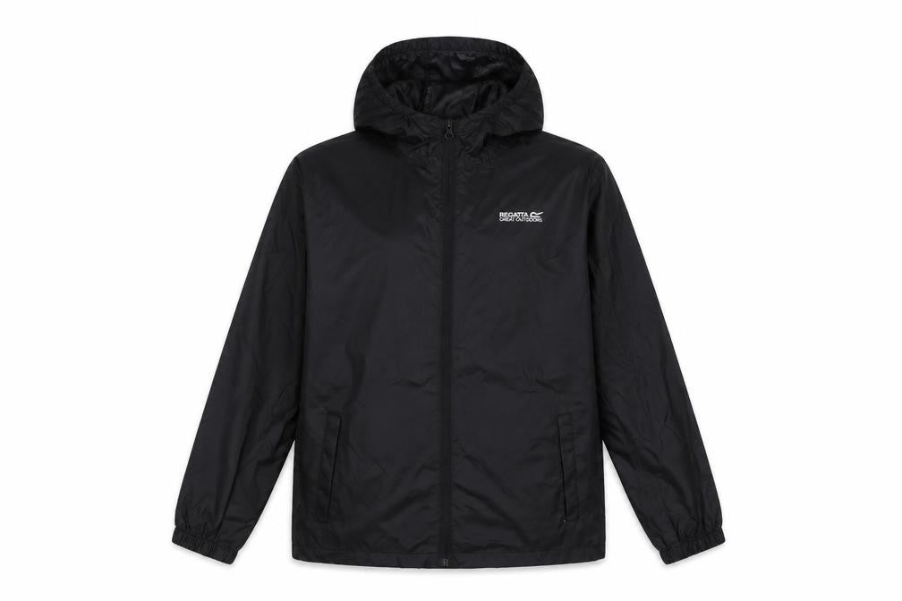 Front view of Regatta boys’ black hooded windbreaker jacket 11-12 years