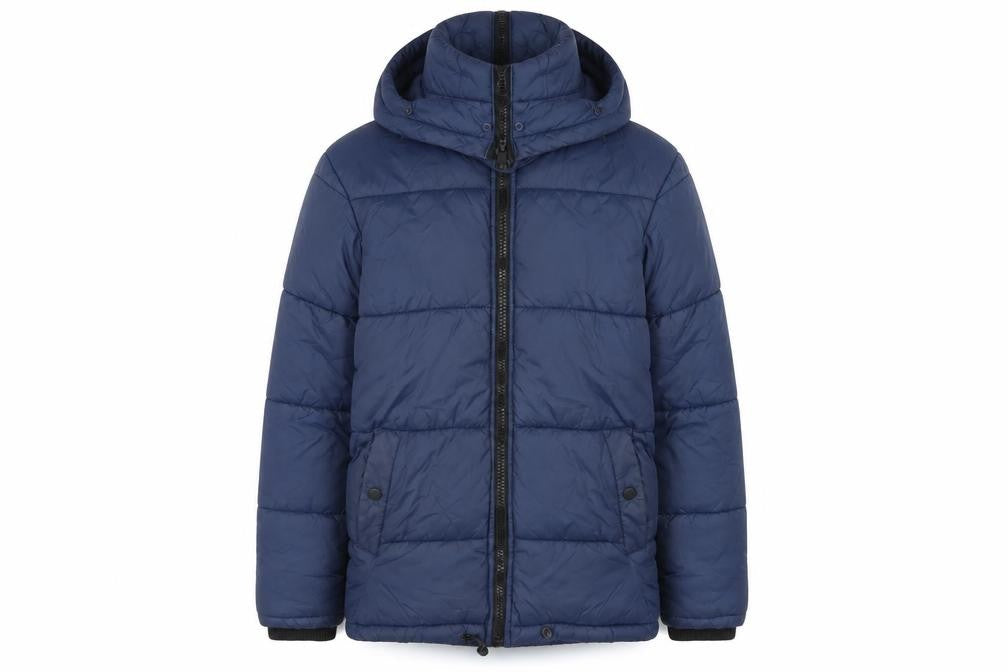 Front view of River Island Men's Blue Puffer Jacket 2XS Hooded Zip