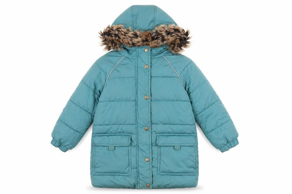 Front view of FatFace girls’ blue long puffer jacket 3-4 winter coat