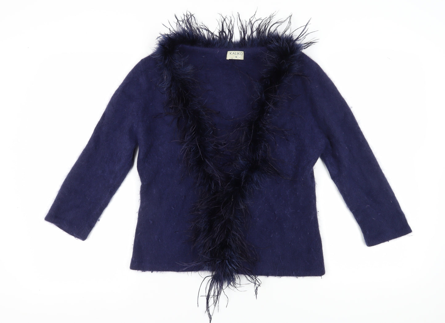 Kaliko Ostrich Feather Women's Blue Cardigan, Size 16, Angora Blend