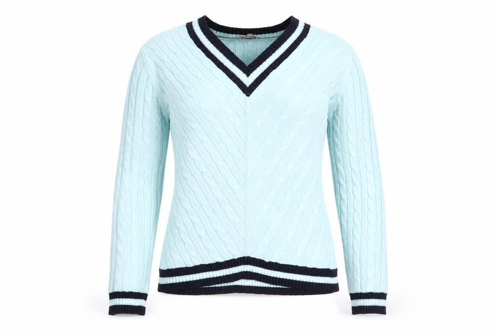 Front view of Country Casuals Women's Blue Cable-Knit V-Neck Jumper, size L