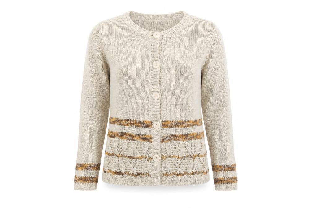Front view of Sarah Dunnway Women's Beige Cardigan M Button Accent