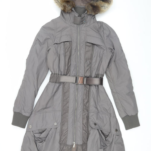 Karen Millen Grey Women's Parka Coat, Size 8, Fur Trimmed