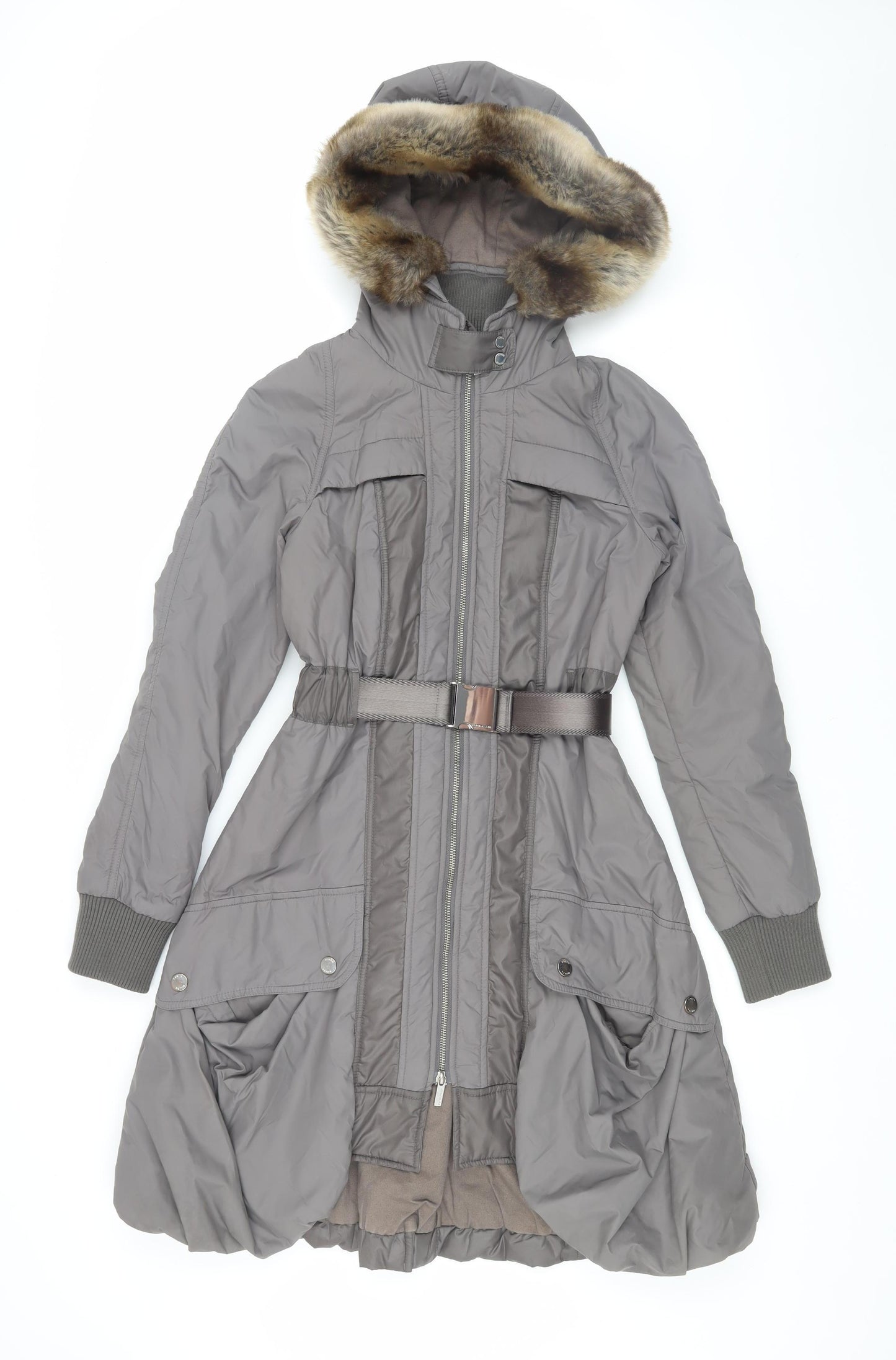 Karen Millen Grey Women's Parka Coat, Size 8, Fur Trimmed