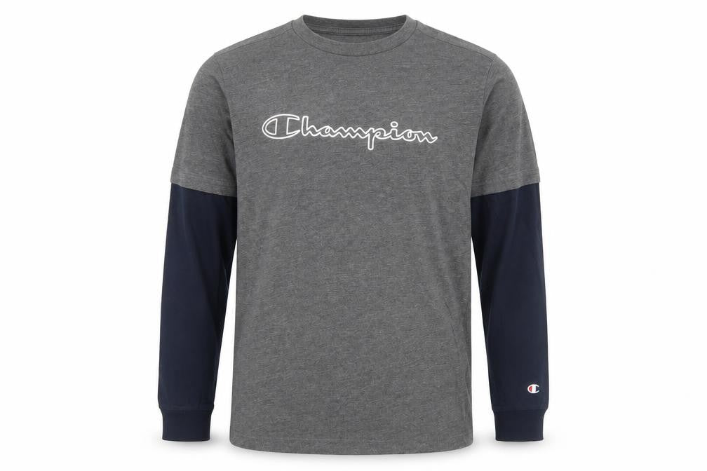 Front view of Champion boys’ grey long sleeve t-shirt xl pullover style