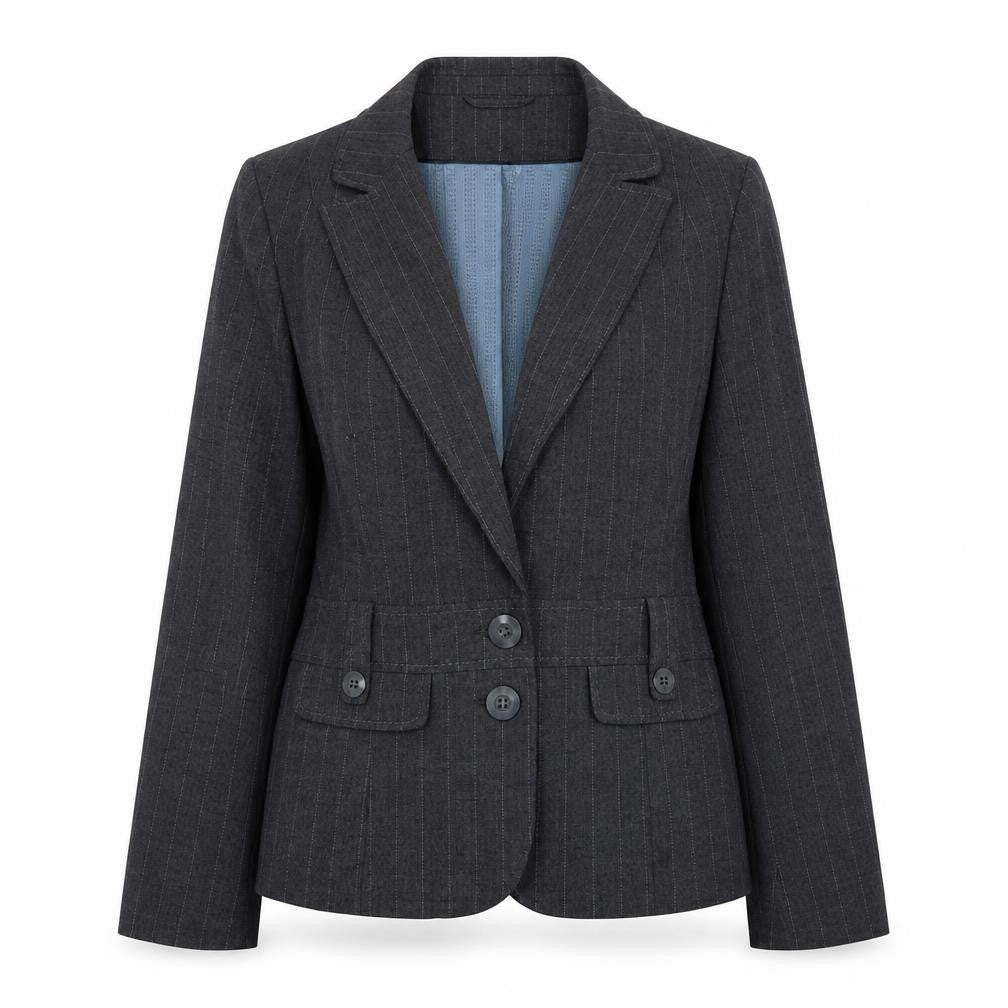 Front view of Autonomy Women's Grey Blazer, size 16, Pinstripe