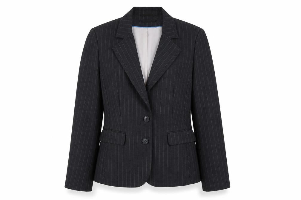 Front view of Autonomy Women's Black Pinstripe Blazer, size 14