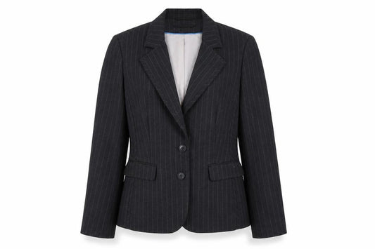 Front view of Autonomy Women's Black Pinstripe Blazer, size 14