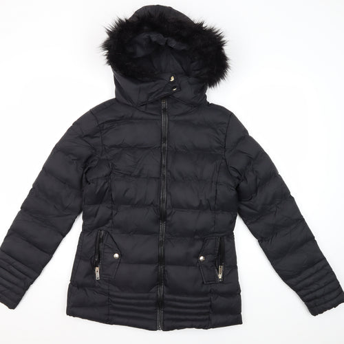 Brave Soul Women's Black Puffer Jacket Size 8 Winter Fur Trim