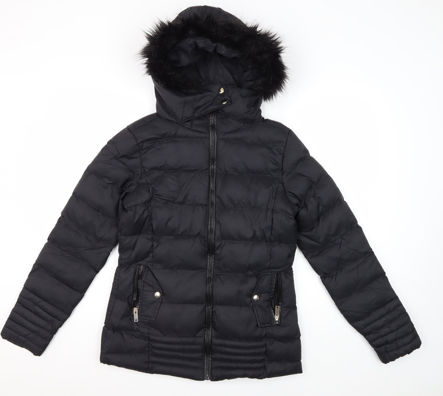 Brave Soul Women's Black Puffer Jacket Size 8 Winter Fur Trim