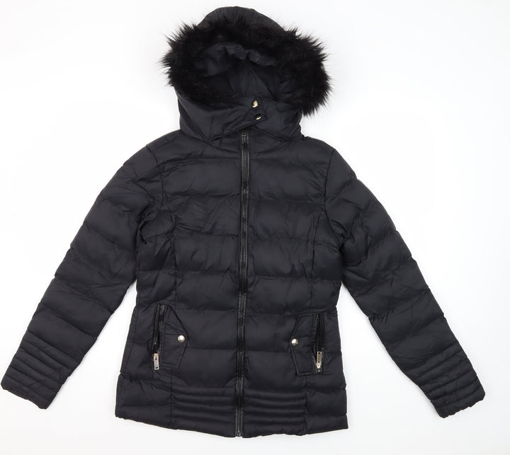 Brave Soul Women's Black Puffer Jacket Size 8 Winter Fur Trim