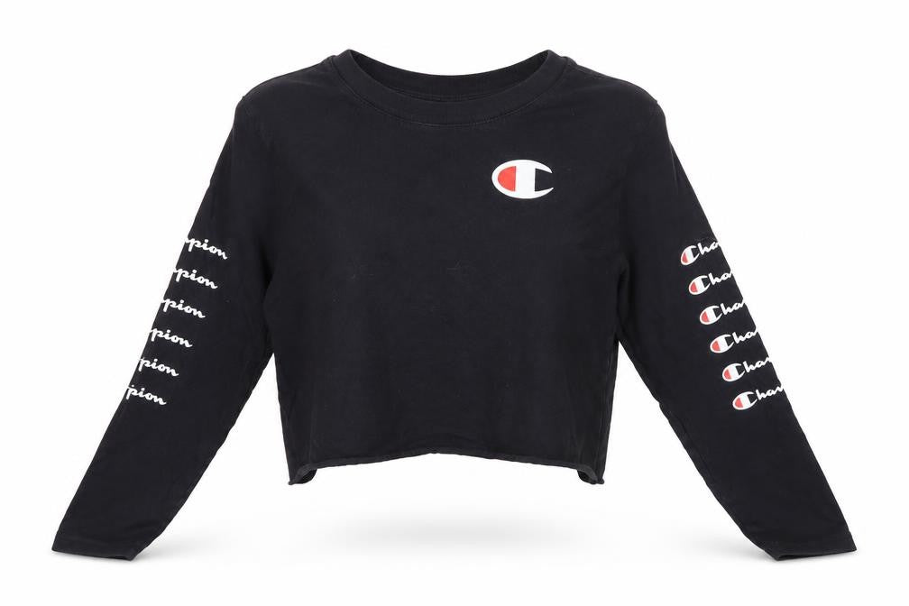 Front view of Champion Women's Black XS Cropped T-Shirt