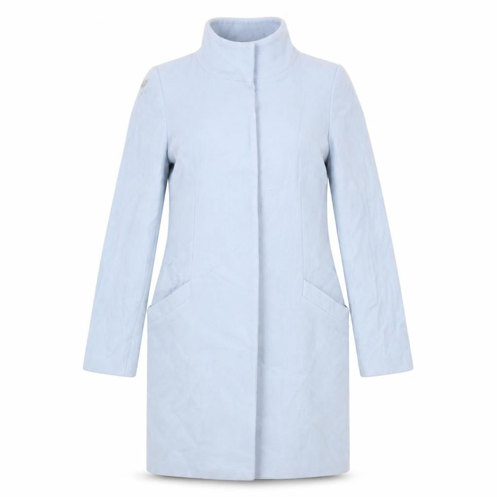 Front view of Pure Collection Women's Blue Long Wool Coat, size 10
