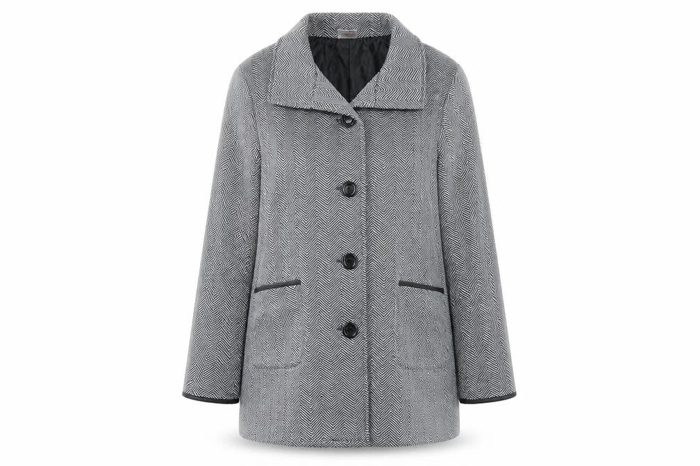 Front view of Anne de Lancay Women's Grey Herringbone Overcoat - L
