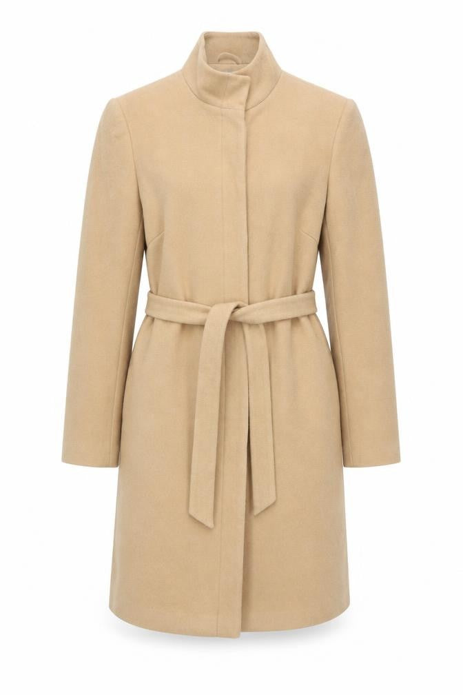 Front view of Amaranto Women's Beige Wool Overcoat, size 14