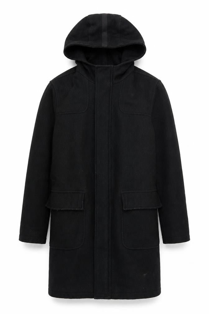 Front view of River Island Men's Black Wool Parka Coat, size S