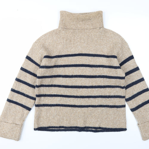 Marks and Spencer Women Beige Striped Roll Neck Jumper XS