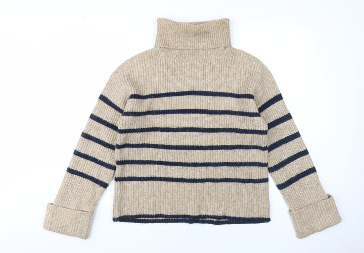 Marks and Spencer Women Beige Striped Roll Neck Jumper XS