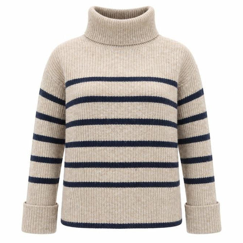 Marks and Spencer Women Beige Striped Roll Neck Jumper XS