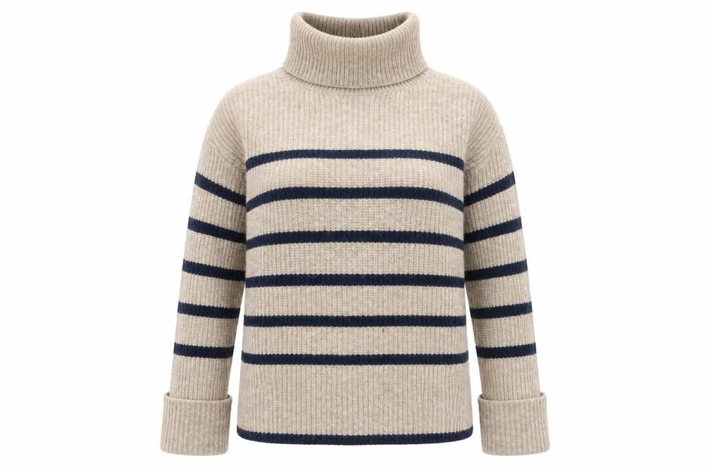 Marks and Spencer Women Beige Striped Roll Neck Jumper XS