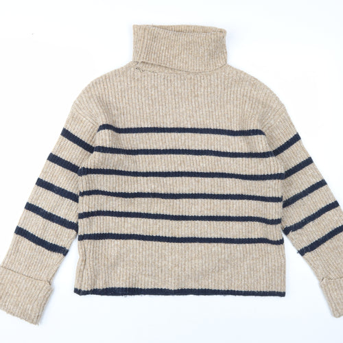 Marks and Spencer Women Beige Striped Roll Neck Jumper XS
