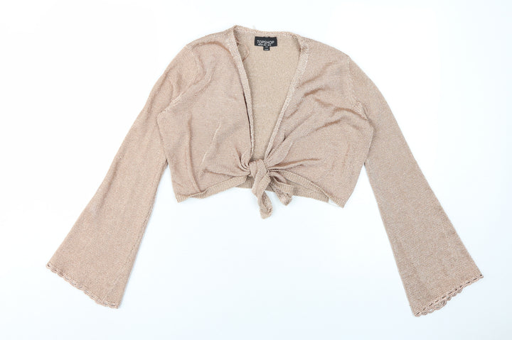 Topshop Women's Beige Cropped Bell Sleeve V-Neck Top