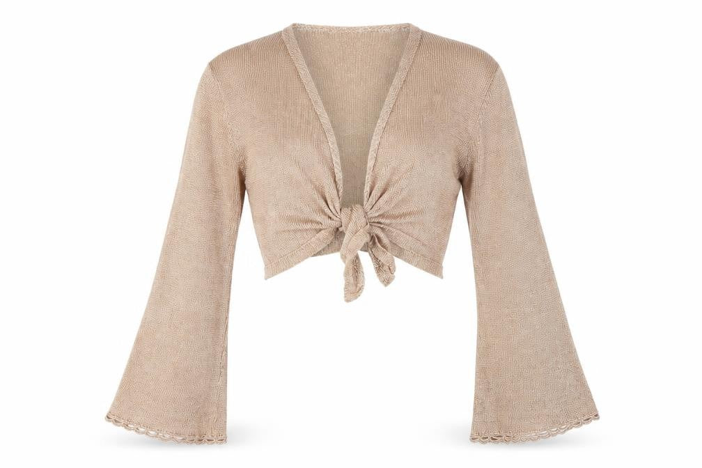 Front view of Topshop Women's Beige Cropped Bell Sleeve V-Neck Top